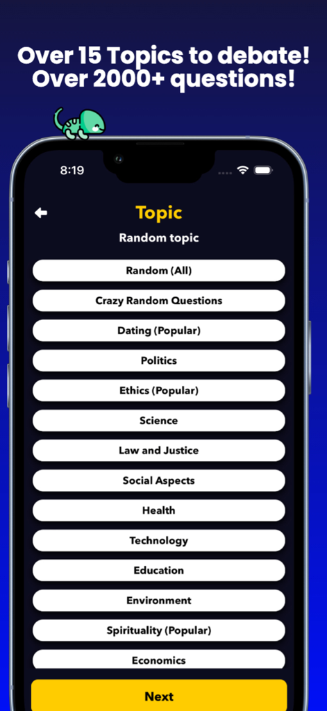 The Great Debate - Tela de tópicos do aplicativo O Grande Debate mostrando várias categorias como política, ética e ciência para jogos sociais