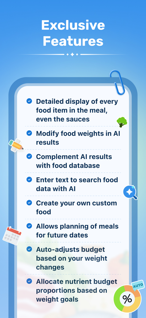 WiseMeal: Al Calorie Tracker - Una lista de características exclusivas para la aplicación Rastreador de Calorías con IA WiseMeal que muestra herramientas de nutrición personalizada y planificación de comidas