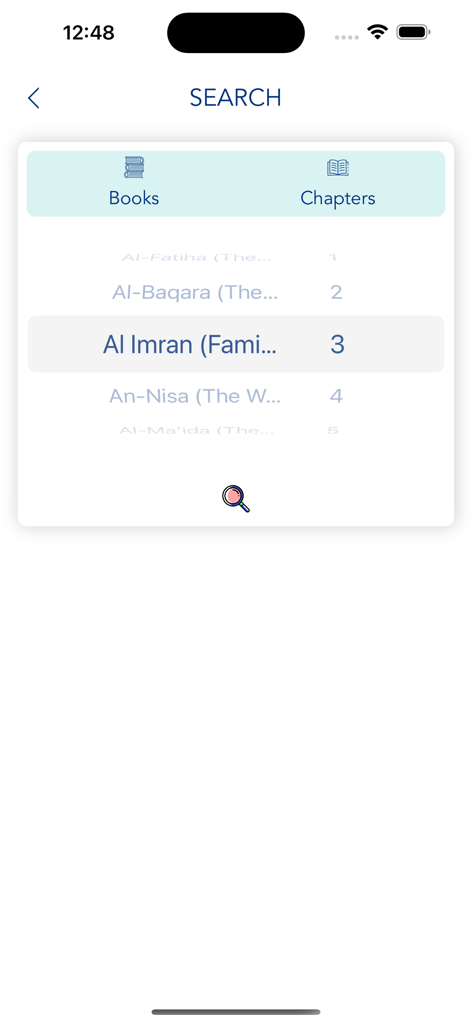 Search screen of the Holy Quran Yusuf app displaying a list of chapters with Al Imran highlighted.