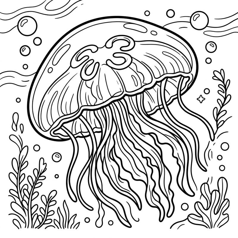 Embark on an aquatic journey with this beautiful moon jellyfish coloring page. Featuring its distinctive bell and flowing tentacles, this design offers a captivating undersea coloring experience.