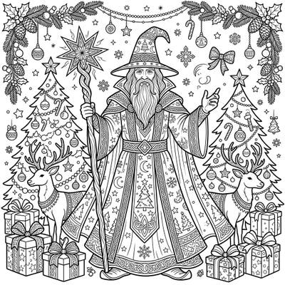 Step into a world where magic meets holiday cheer with this enchanting Christmas Wizard coloring page. Designed for adults, it offers intricate details of a powerful sorcerer surrounded by festive decorations.