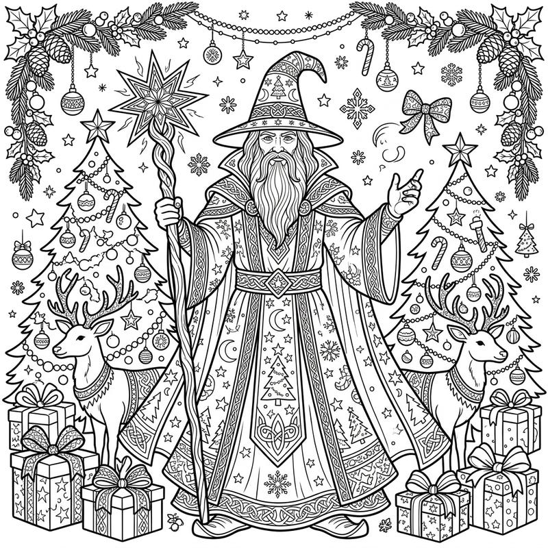 Step into a world where magic meets holiday cheer with this enchanting Christmas Wizard coloring page. Designed for adults, it offers intricate details of a powerful sorcerer surrounded by festive decorations.