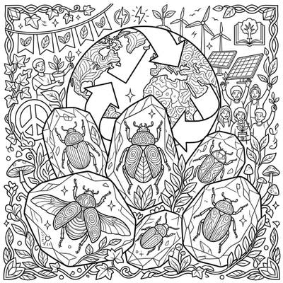 Dive into a fascinating coloring adventure combining the ancient world with modern environmentalism. This unique page features stunning amber beetles alongside symbols of sustainability and Earth Day celebration.