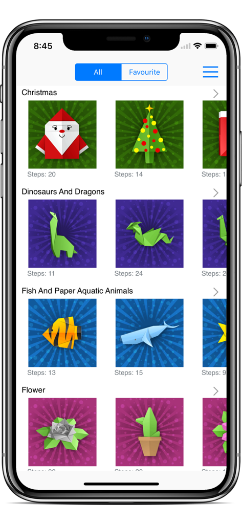 Origami Creator: Fold & Learn - Origami Creator app menu showing various design categories like Christmas dinosaurs fish and flowers with step counts