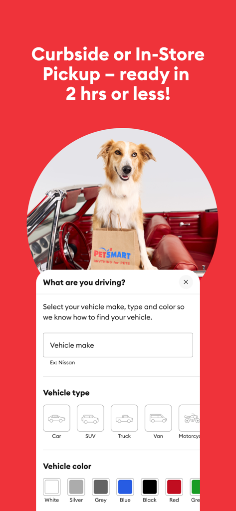 PetSmart - PetSmart mobile app screen for curbside pickup vehicle information