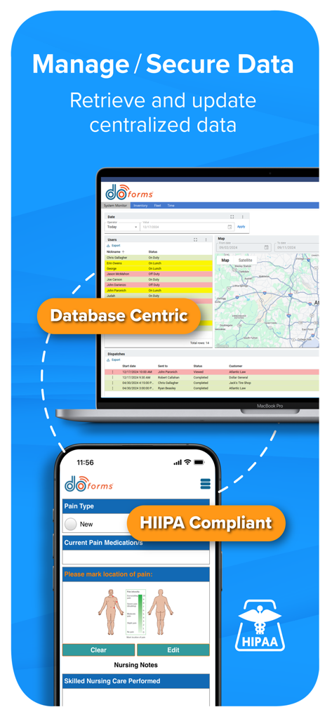 doForms Mobile Data - Interfaccia dell'app doForms che mostra un dashboard di database centralizzato su un laptop e un modulo medico conforme HIPAA su un dispositivo mobile.