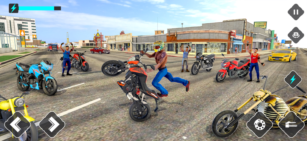 Stunt Race Bike: Dirt Bike 3d - A dirt bike rider performing a wheelie on a city street in a 3D racing game