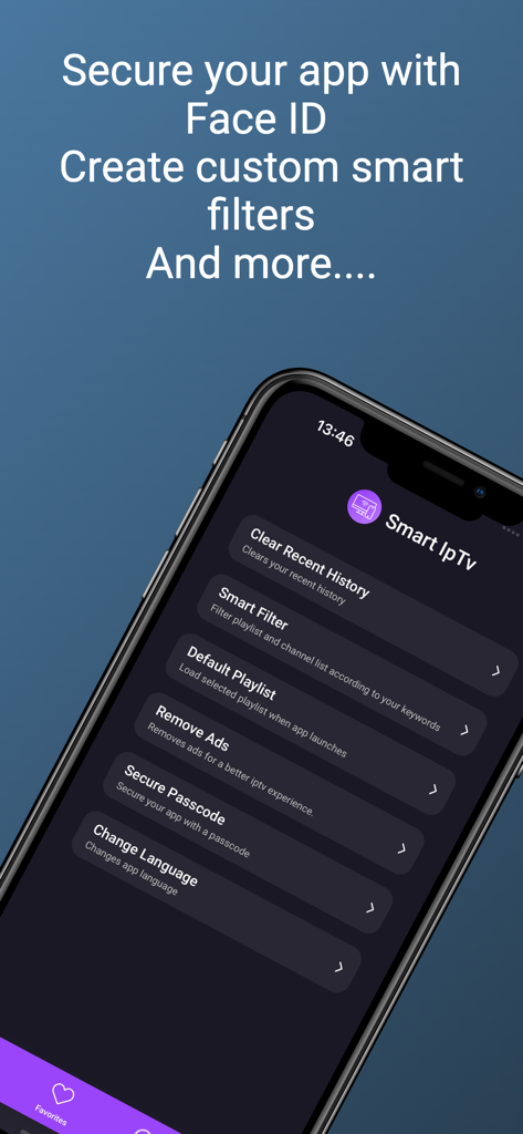 Smart IPTV - Mobile TV - Oberfläche der Smart IPTV App, die Einstellungen für Face ID-Sicherheit und benutzerdefinierte Kanalfiter zeigt
