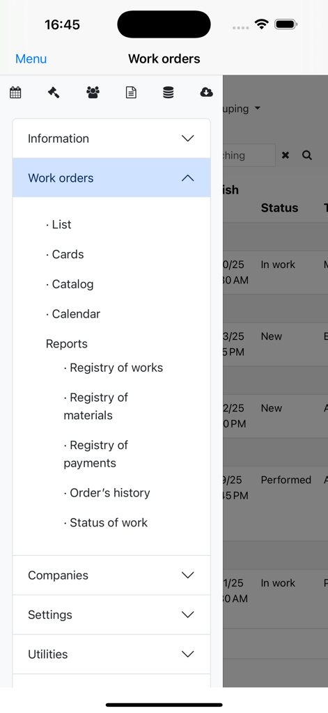 Nano Service Management - Nano Service Management app side menu showing work order tracking and reporting options