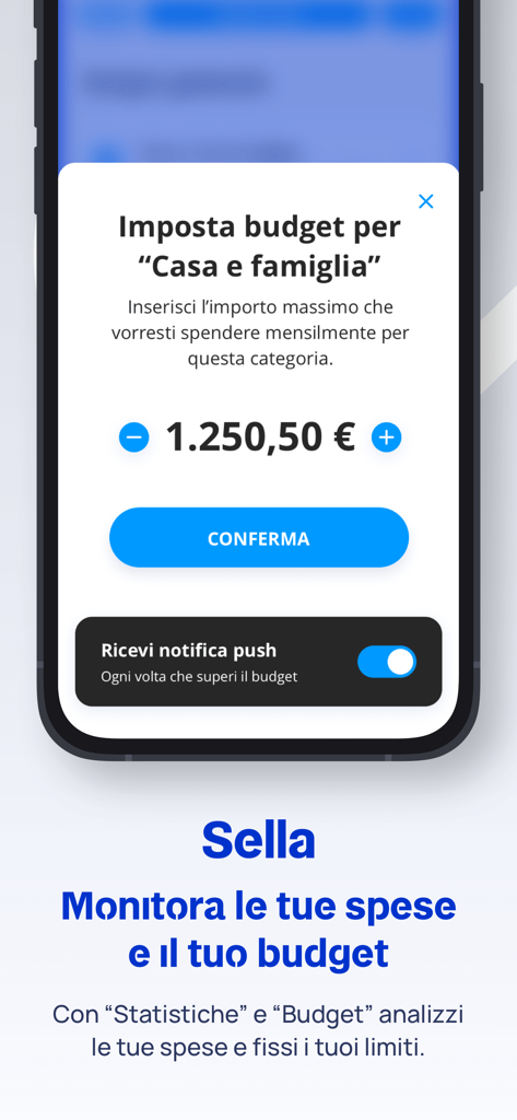 Sella - Schermata dell'app Sella per impostare un budget mensile per le spese domestiche e familiari con impostazioni di notifica