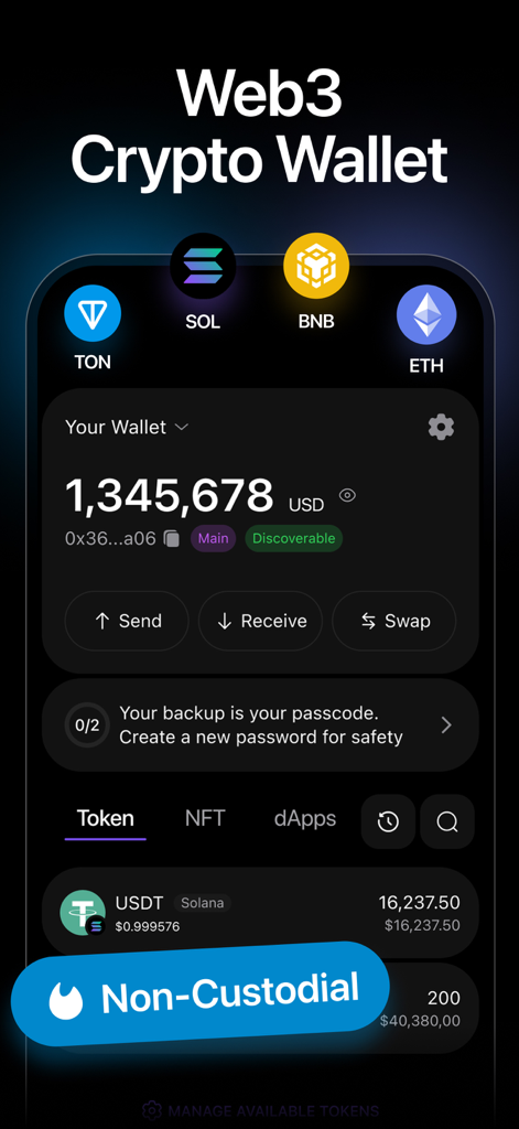 Nicegram: Web3 for Telegram X - Nicegram app screenshot showing a non-custodial Web3 crypto wallet with support for TON SOL BNB and ETH tokens
