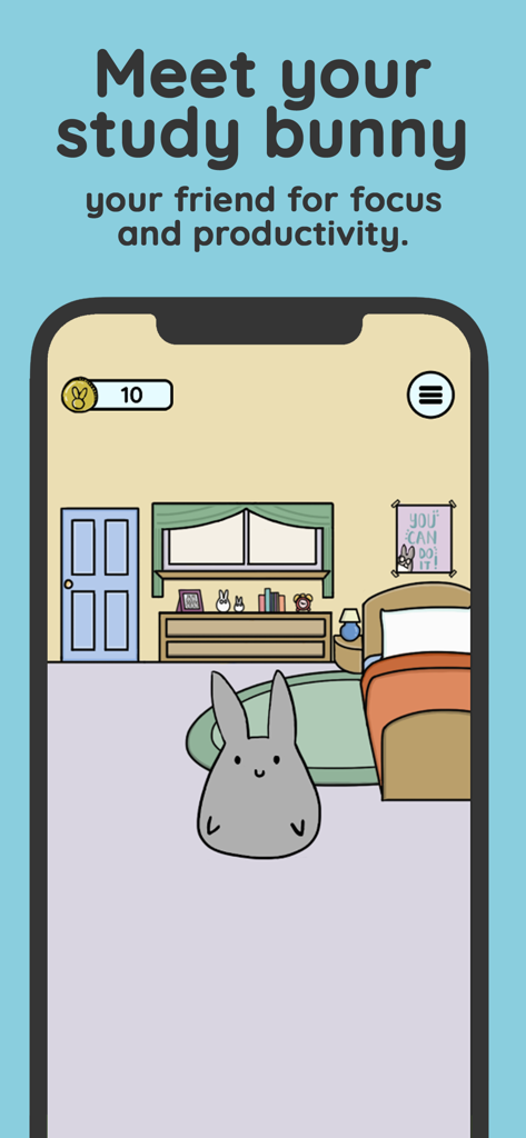 Study Bunny: Focus Timer - Interfaccia dell'app Study Bunny che mostra un simpatico personaggio coniglietto in una stanza virtuale accogliente.
