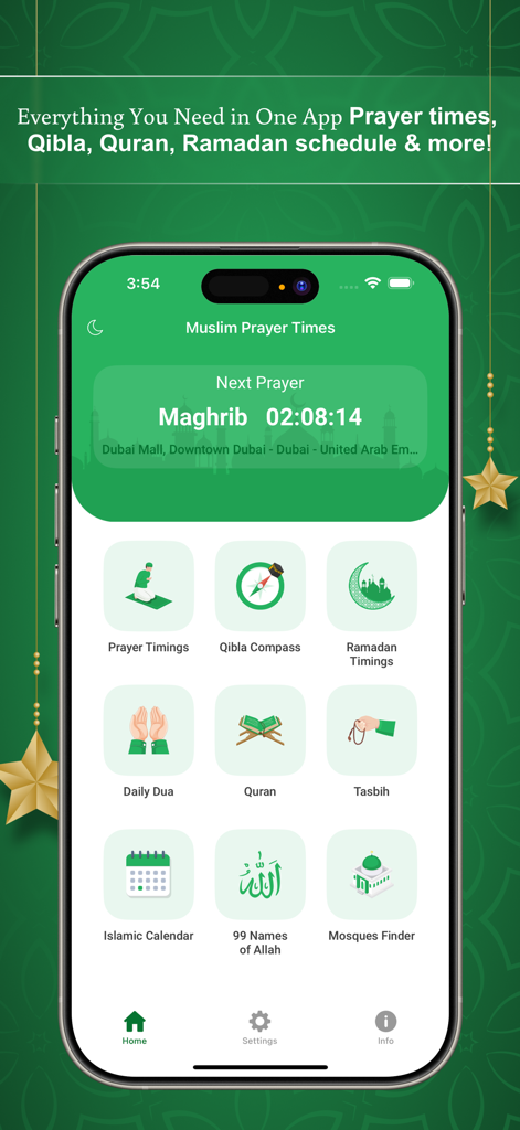 Muslim Prayer Times - Athan - Tableau de bord de l'application Muslim Prayer Times affichant le compte à rebours de la prière et des outils islamiques