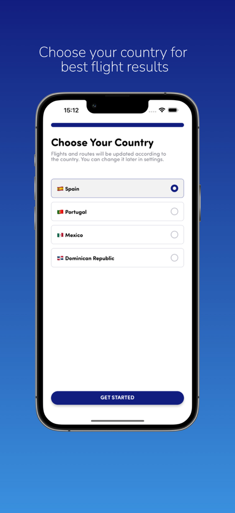Pantalla de la aplicación móvil World2Fly para seleccionar un país y ver vuelos y rutas relevantes