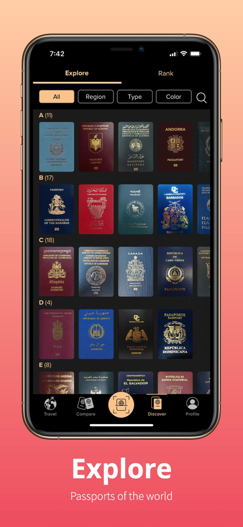 A smartphone screen displaying the Explore section of the Passport Index app with a grid of international passport covers.