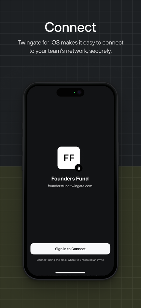 Twingate - Écran de connexion de l'application mobile Twingate pour un accès sécurisé au réseau de l'équipe sur iPhone
