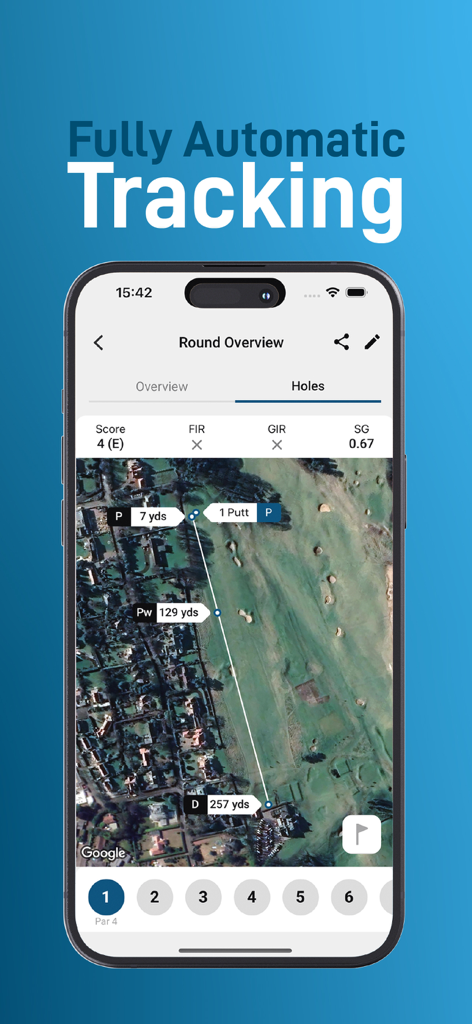 Shot Scope - Shot Scope app displaying fully automatic tracking with a golf round overview and shot distances on a map