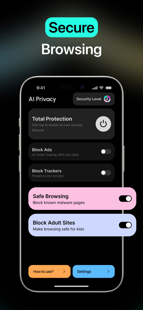 AI Privacy Pro - Interface of AI Privacy Pro app showing security levels and toggles for blocking ads trackers and adult sites.