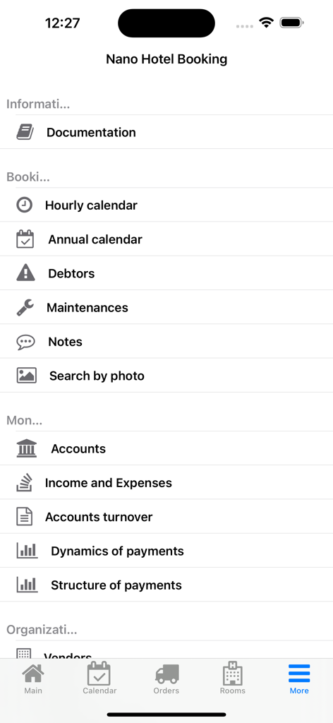 Nano Hotel Booking - Menu screen of the Nano Hotel Booking app showing management tools for small business owners