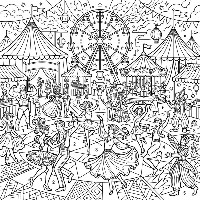 Step right up to a world of rhythm and revelry with this captivating coloring page featuring teenage dancers at a lively carnival. Immerse yourself in a dynamic scene filled with fairground attractions, performers, and endless opportunities for creative expression.