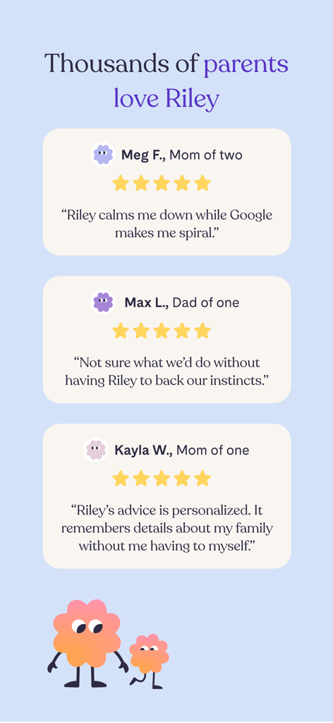 User testimonials from parents praising Riley Baby Development Coach for personalized advice and support