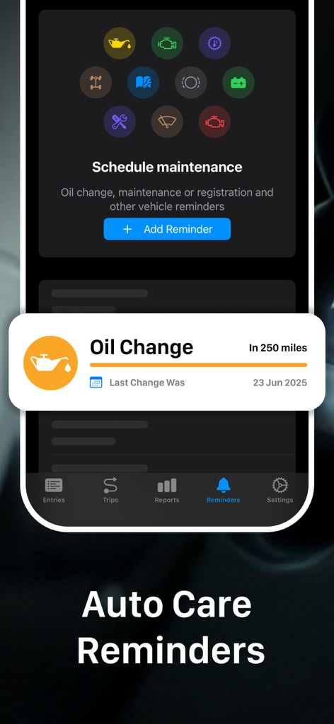 Car Maintenance Tracker - MPG - Notificação de lembrete de troca de óleo na interface do aplicativo Car Maintenance Tracker.