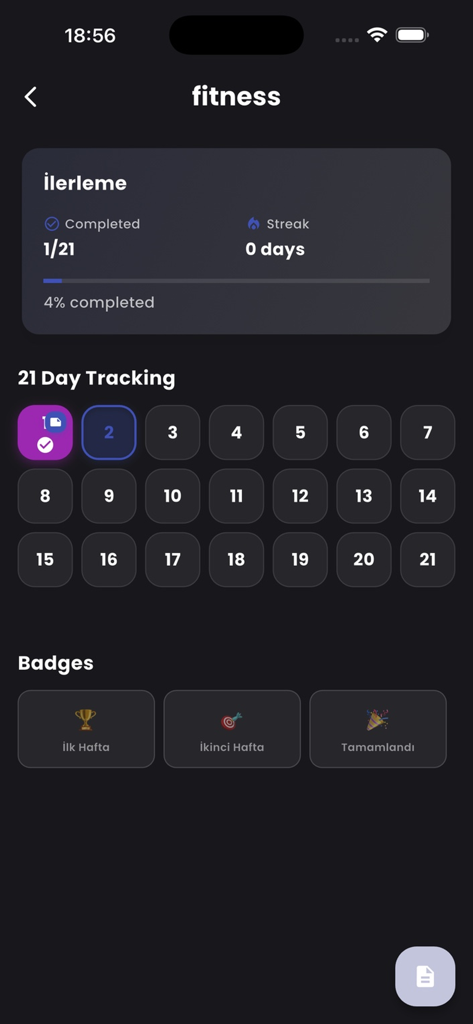 21 Days – AI Challenge - Pantalla de seguimiento de progreso para un hábito de fitness en la aplicación 21 Días Desafío IA con una cuadrícula de 21 días e insignias desbloqueables.