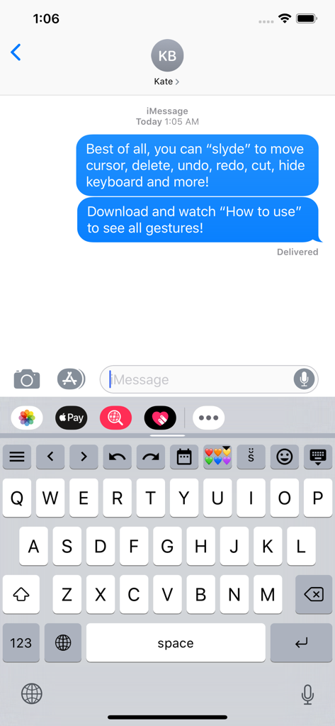Slyder - Interface do teclado iOS personalizado Slyder mostrando atalhos utilitários e gestos em uma conversa do iMessage
