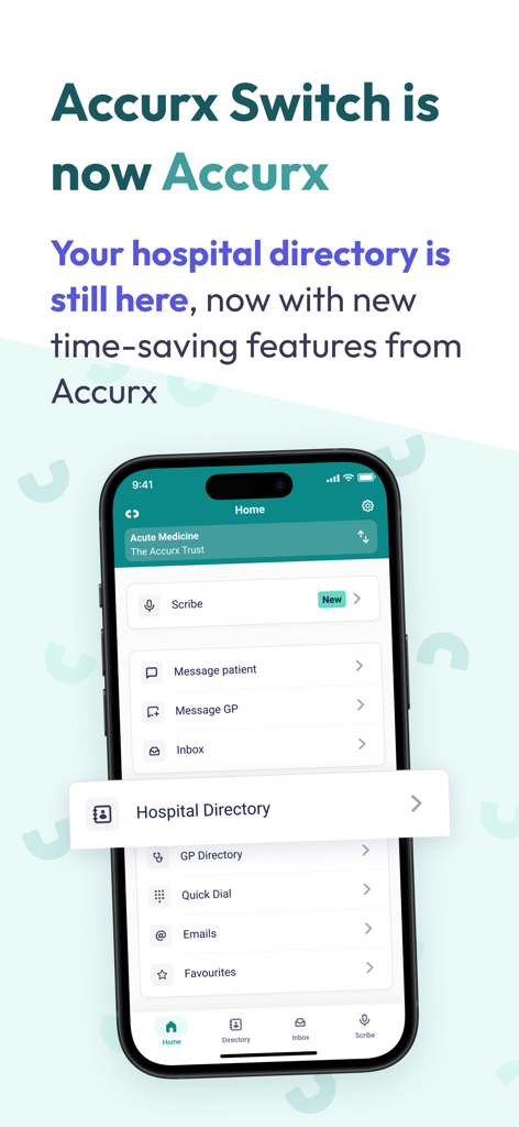 Accurx - Accurx mobile app home screen displaying hospital directory and healthcare communication features
