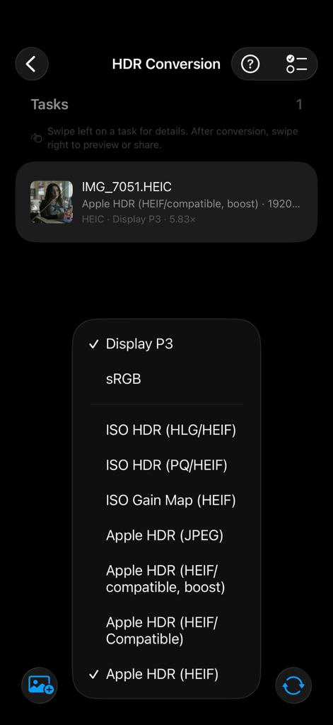 HDR Transformerアプリのインターフェース。ISO Gain Map JPEGからApple HDR HEIFフォーマットへの変換タスクのリストと、さまざまなプロフェッショナルHDRフォーマットの選択メニューが表示されています。