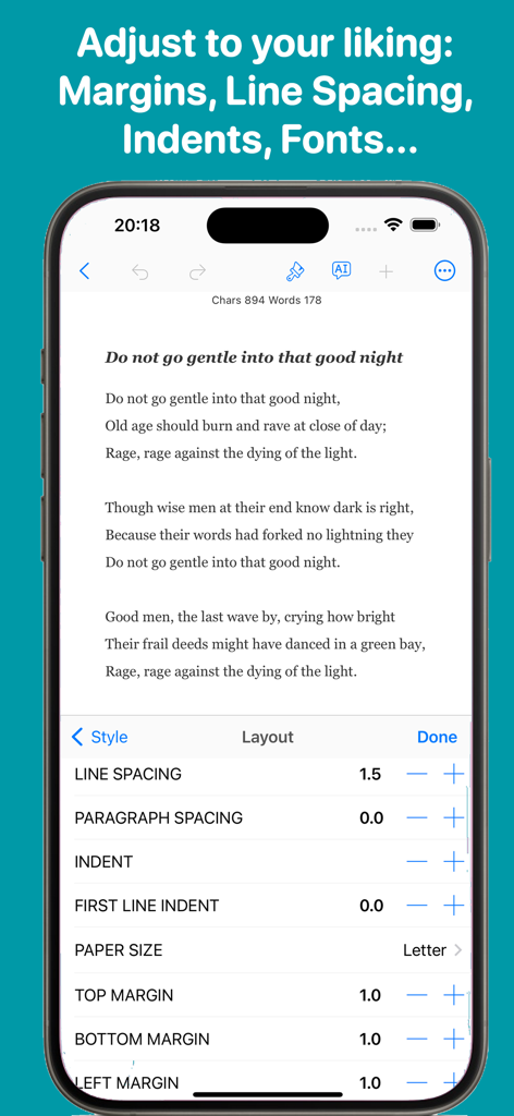 Poetry - Poems - Aplicación de escritura Poetry mostrando configuraciones de diseño como márgenes y espaciado de líneas en una pantalla de iPhone.