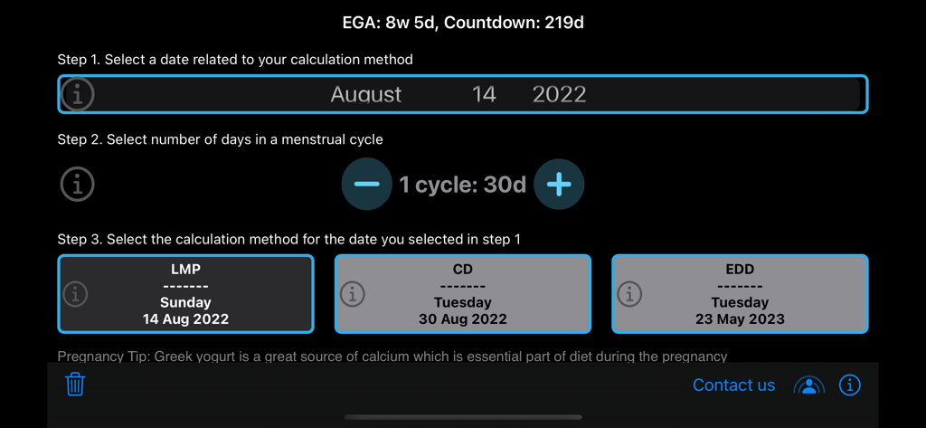iFetal Pro - iFetal Pro app interface showing pregnancy date calculation steps for LMP CD and EDD