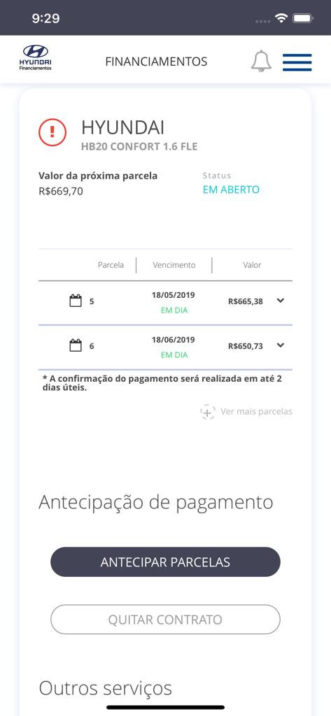 Hyundai Financiamentos - Tela do aplicativo Hyundai Financiamentos mostrando detalhes das parcelas do empréstimo do carro e status do pagamento