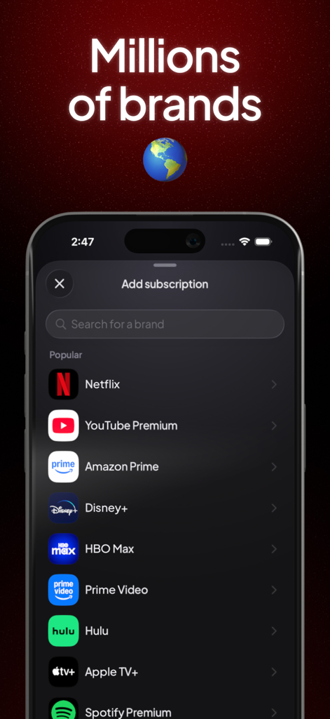 Subby app interface showing a list of popular brands like Netflix and Disney Plus to add as subscriptions