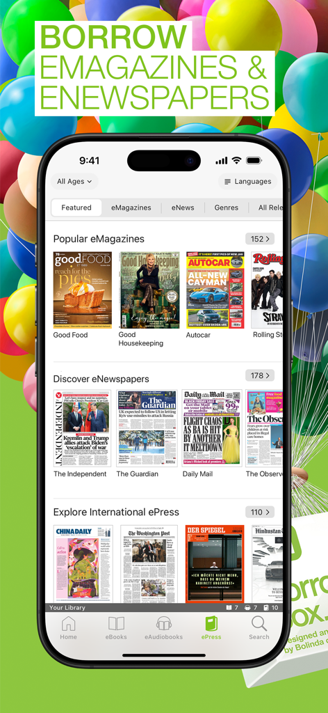 BorrowBox app interface showing a selection of popular digital magazines and international newspapers