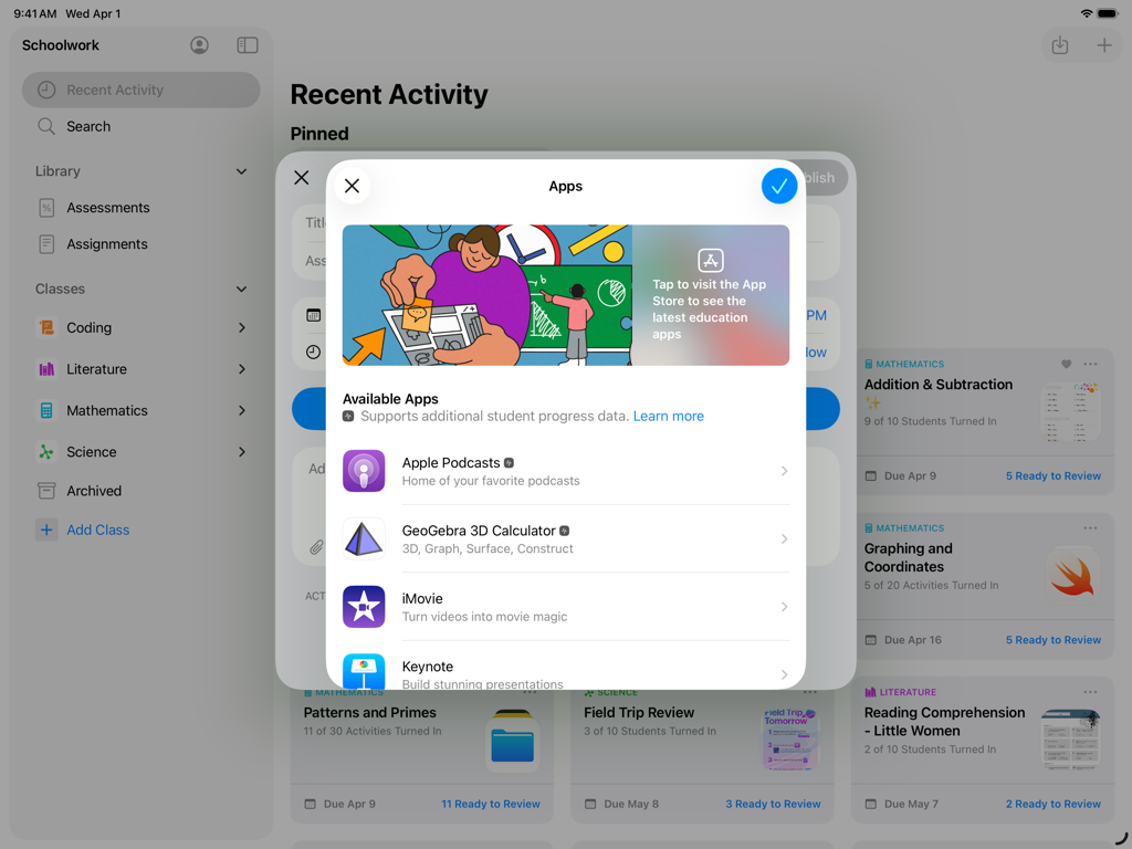 Schoolwork - iPadのSchoolworkアプリのスクリーンショット。生徒の課題のために教育アプリを選択するメニューを表示。