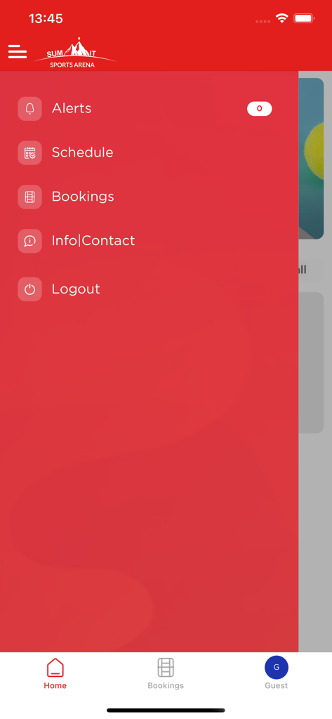 Summit Sports Arena - Sidebar navigation menu of the Summit Sports Arena app displaying options for alerts schedule and bookings