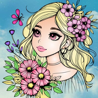 realistic girl with flowers