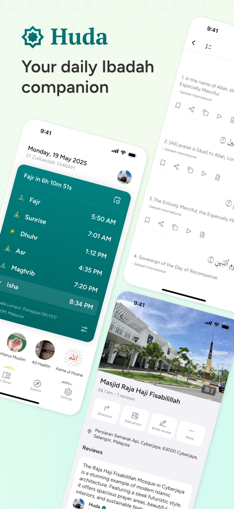 Huda: Prayer Times & Al-Quran - Mobile screens of the Huda app showing prayer times, Quran reading, and mosque finder features.