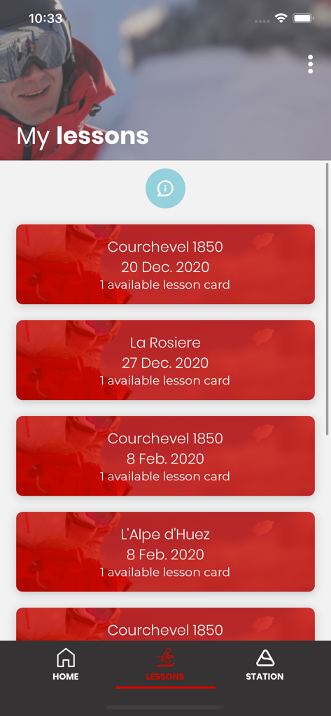 A list of digital ski lesson cards for different French resorts within the my esf mobile application interface