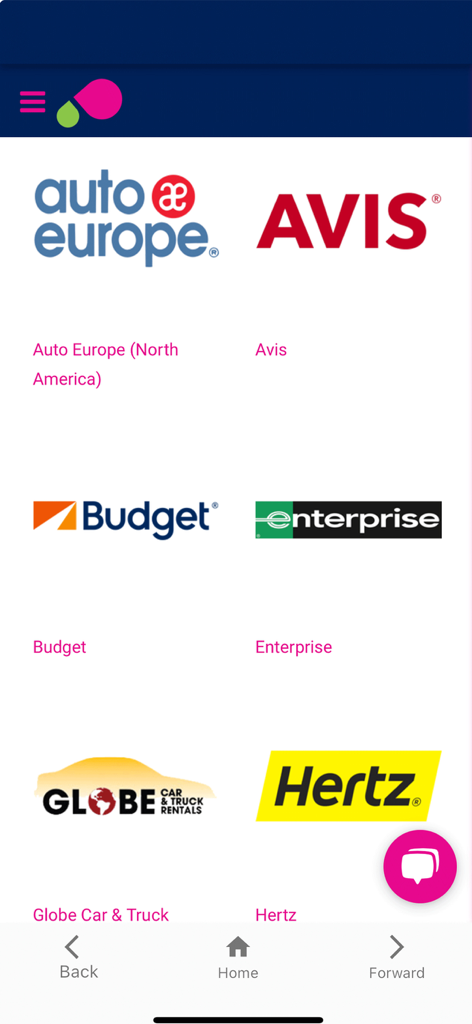 Una lista de logotipos de socios de alquiler de coches que incluyen Avis Budget y Enterprise en la aplicación Perkopolis.