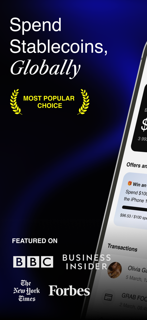 RIZON: Stablecoin Finance - RIZON app promotion showing the headline Spend Stablecoins Globally with media feature logos from BBC Business Insider New York Times and Forbes