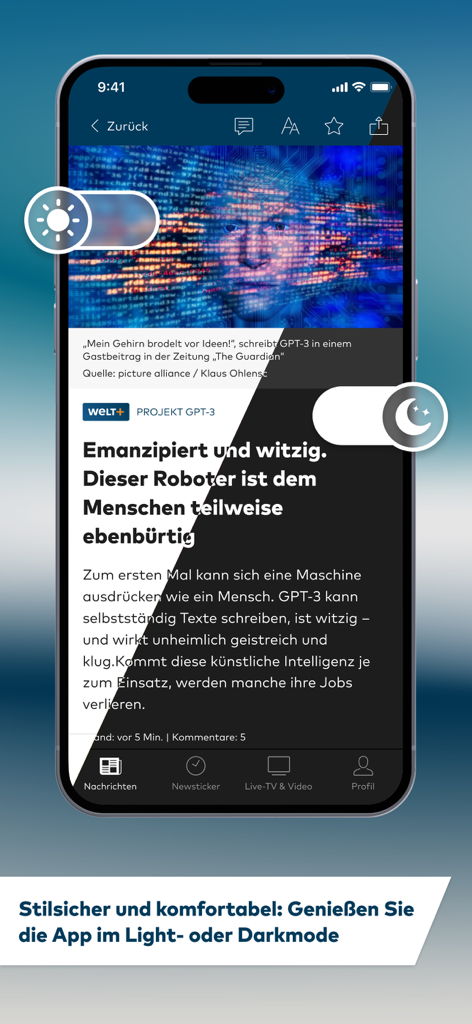 Interfaz de la aplicación WELT News que demuestra la función de modo claro y oscuro en un artículo sobre GPT-3.
