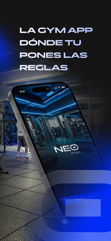 NEO App - Smartphone showing NEO App launch screen with a modern gym interior background