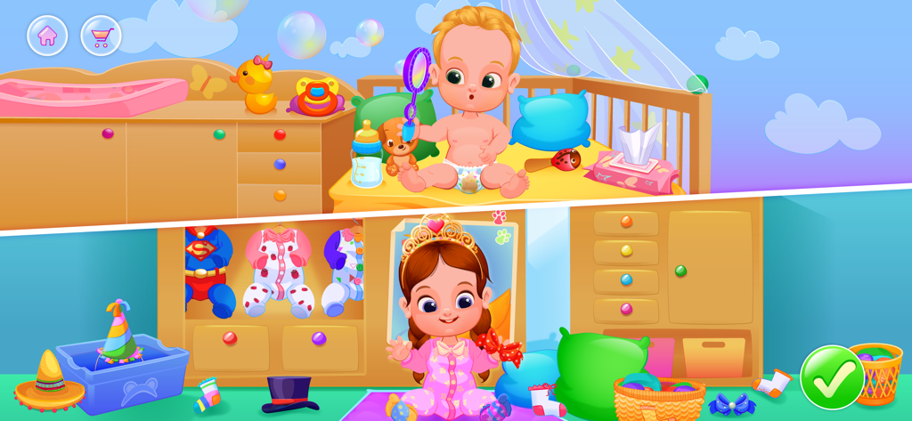 My Baby Care 2 - Daycare Game - A baby in a nursery scene and a girl in a costume dress up room