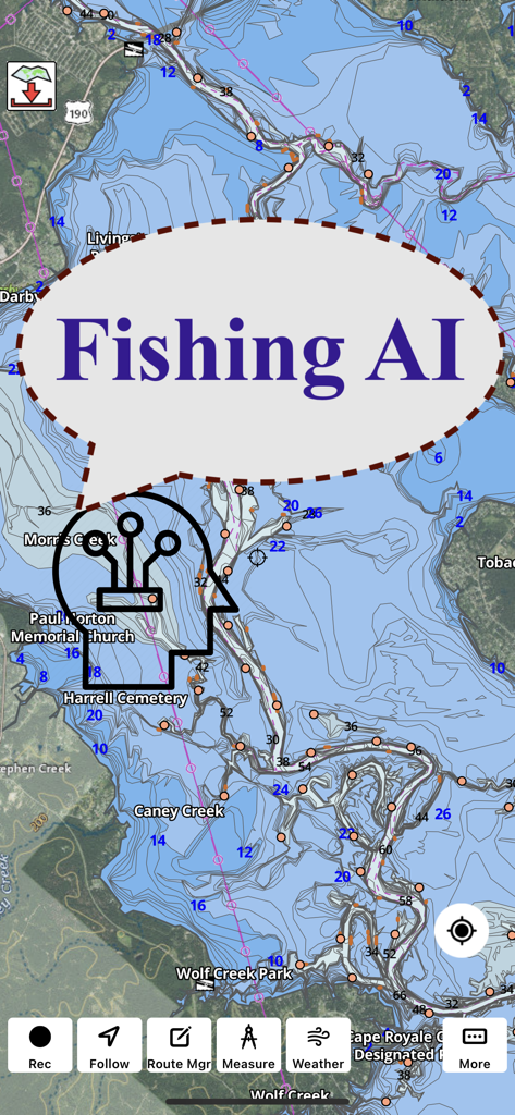 해상 내비게이션 앱 인터페이스에 낚시 AI 및 호수 지도 심도 등심선이 표시됩니다.