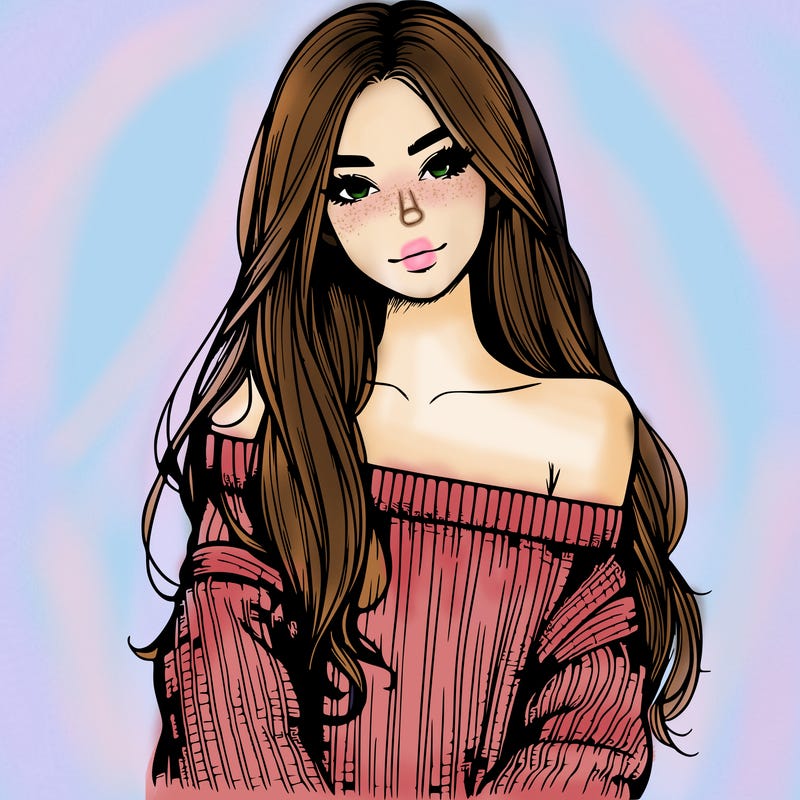 realistic girl with long hair wearing an off the shoulder sweater