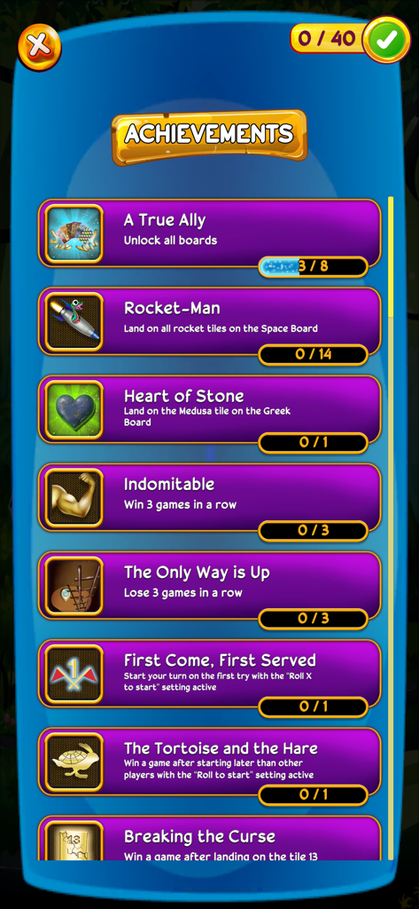 Snakes & Ladders Offline - Menú de logros en el juego móvil Serpientes y Escaleras Sin Conexión que muestra varios desafíos desbloqueables y barras de progreso