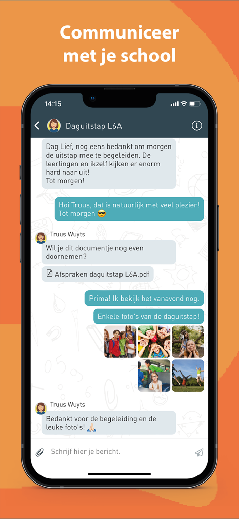 Interface do aplicativo Questi mostrando um chat seguro entre um professor e um pai com fotos e documentos compartilhados de uma viagem escolar.