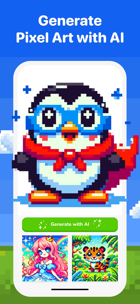 Mobile app interface showing how to generate pixel art using AI featuring a penguin character